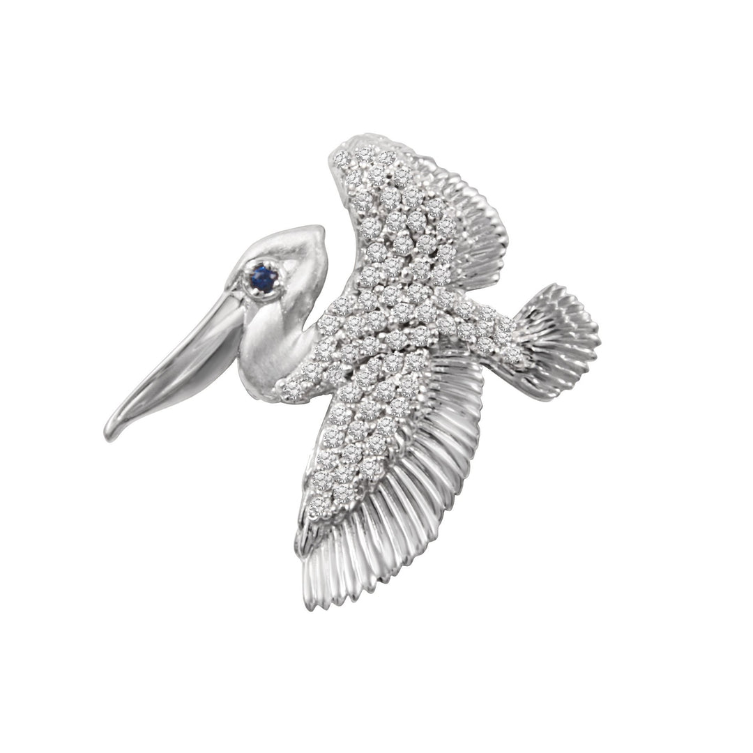 14k White Gold "Sea Jewels" Small Full Body Pavé Diamond Flying Pelican Pendant with Emerald Eye, D=.42tw