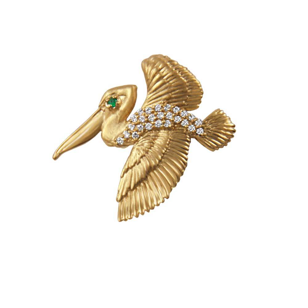 14k Yellow Gold "Sea Jewels" Small Pavé Diamond Flying Pelican with Emerald Eye Pendant, 25D=.16tw