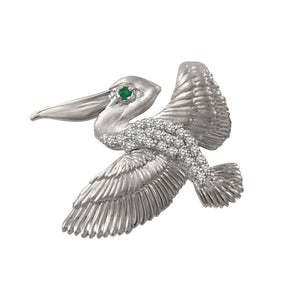 14k White Gold "Sea Jewels" Small Pave Diamond Flying Pelican with Emerald Eye Pendant, 25D=.16tw