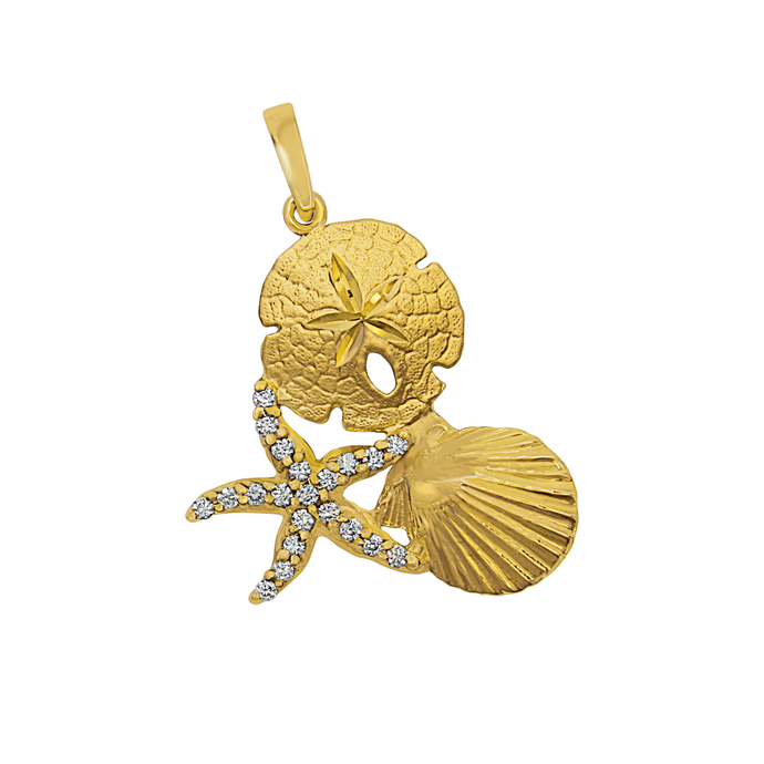 14k Yellow Gold Large Pectin, Sanddollar and Diamond Pave Starfish Pendant, D=.21tw