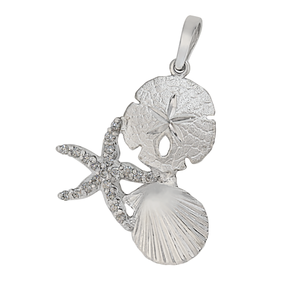 14k White Gold Large Pectin, Sanddollar and Diamond Pave Starfish Pendant, D=.21tw