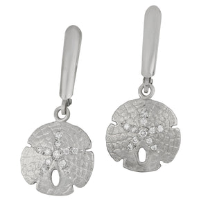 14 Karat White Gold 14mm Sanddollar with Diamonds Euro Wire Earrings, Dias=.12tw