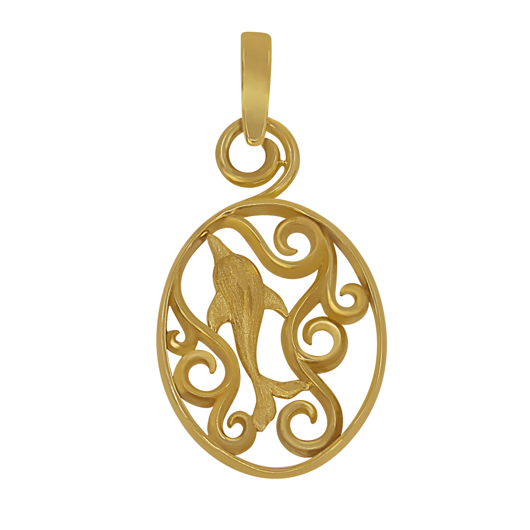 14k Yellow Gold Oval Waves with Dolphin Pendant