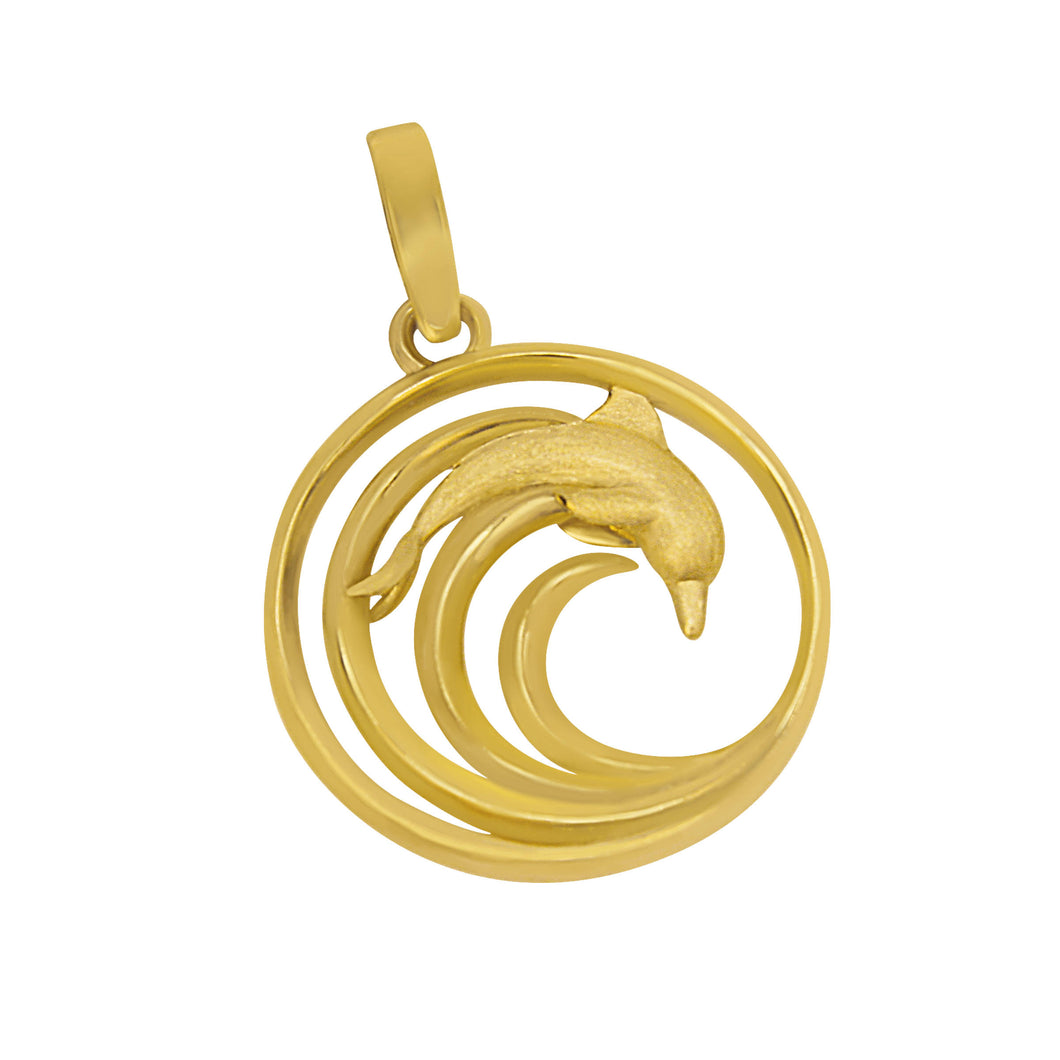 14K Yellow Gold Round Wave with Dolphin Pendant