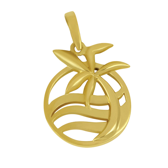 14K Yellow Gold Oval Graphic Palm Tree and Wave Pendant
