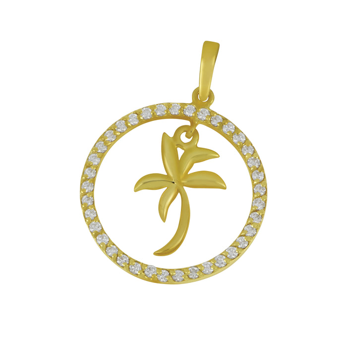 14K Yellow Gold Small Diamond Circle with Palm Tree Pendant, D=.50tw