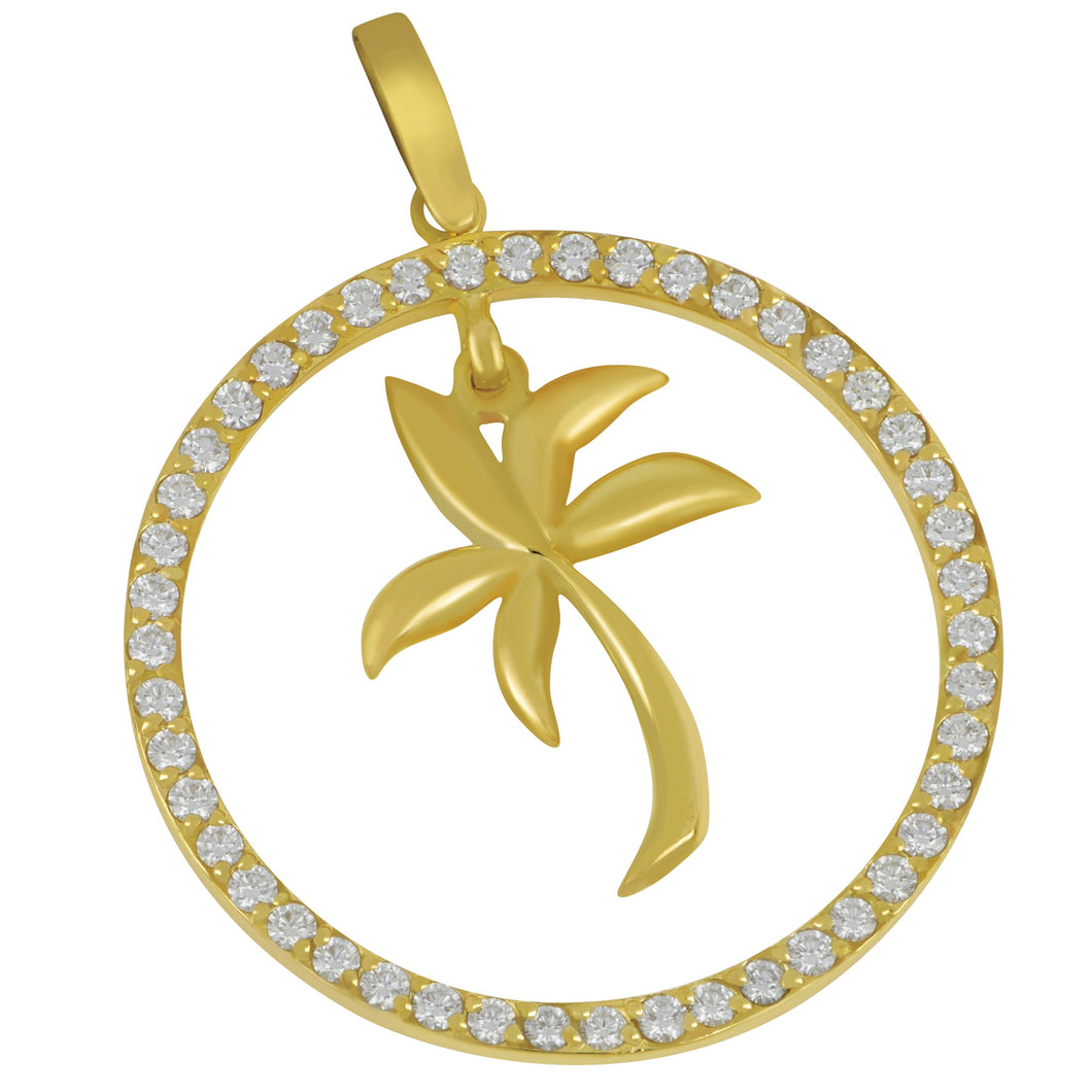 14K Yellow Gold Large Diamond Circle with Palm Tree Pendant, D=1.10tw