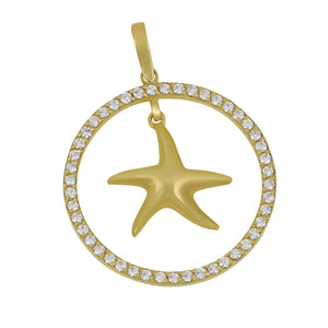 14 Karat Yellow Gold Large Diamond Circle Starfish Pendant, Dias=1.10tw