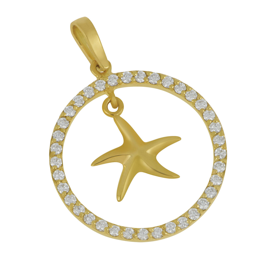 14k Yellow Gold Small Diamond Circle Starfish Pendant, D=.50tw
