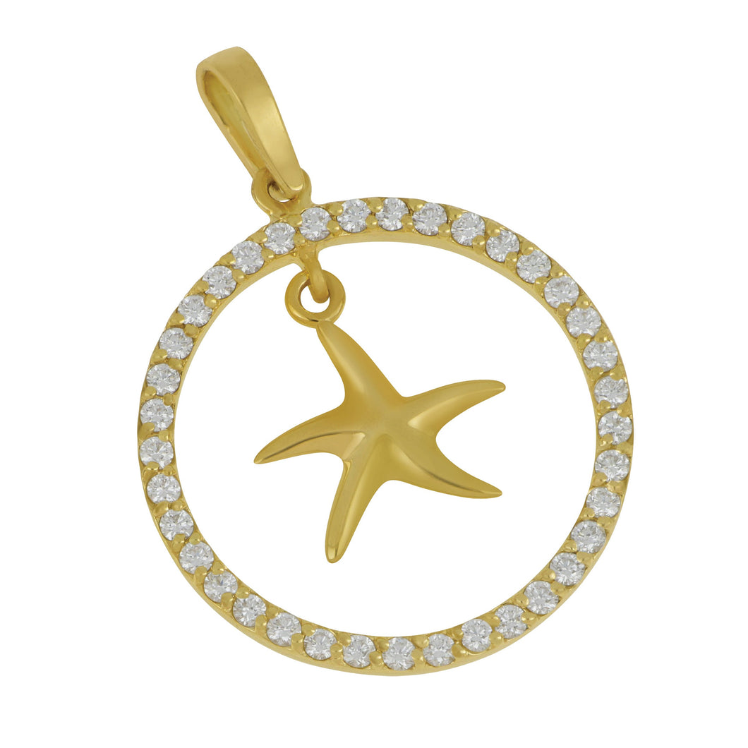 14 karat Yellow Gold Small Diamond Circle with Stafish Pendant, D=.50tw