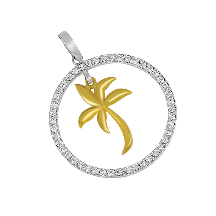 14k White and Yellow Gold Large Diamond Circle with Palm Tree Pendant, D=1.10tw
