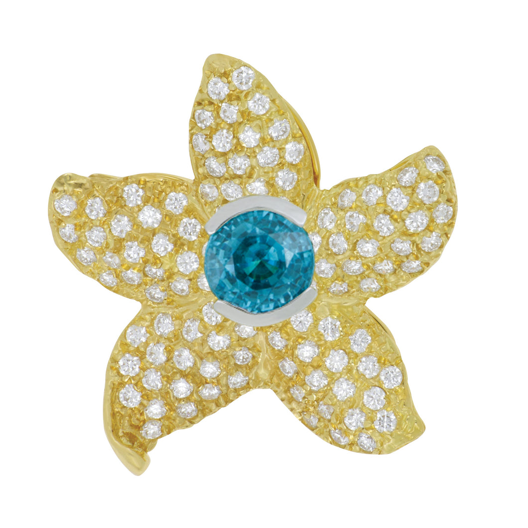 18 karat Yellow Gold Pave Diamond Starfish with Blue Zircon Pendant,  D=1.92tw, Blue Zircon= 4.41ct