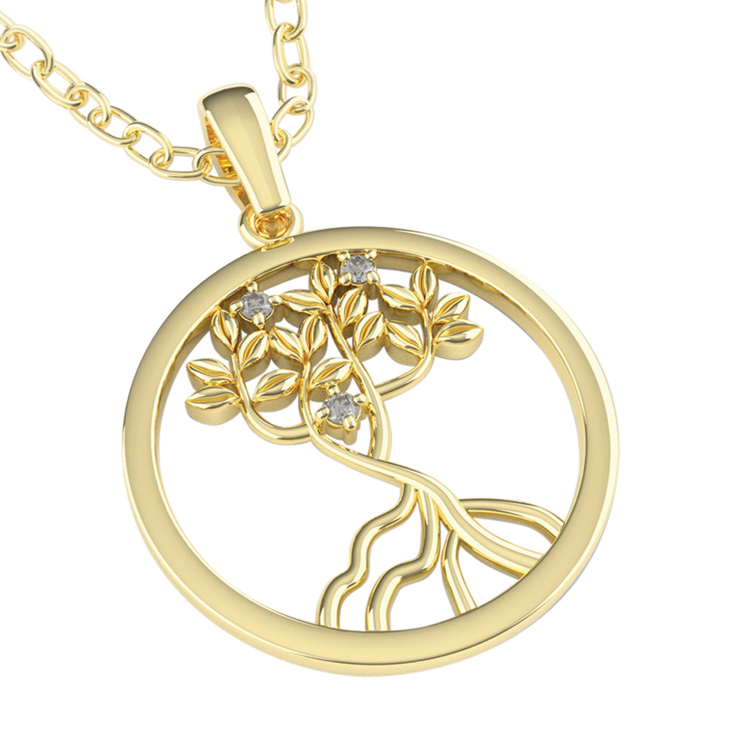 14k Yellow Gold Circle Mangrove Pendant with Diamonds on 16/18” Adjustable Cable Chain, D=.06tw