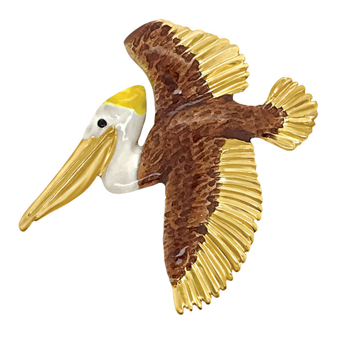 14 Karat Yellow Gold Small Foldover Pelican with Brown and White Enamel Pendant