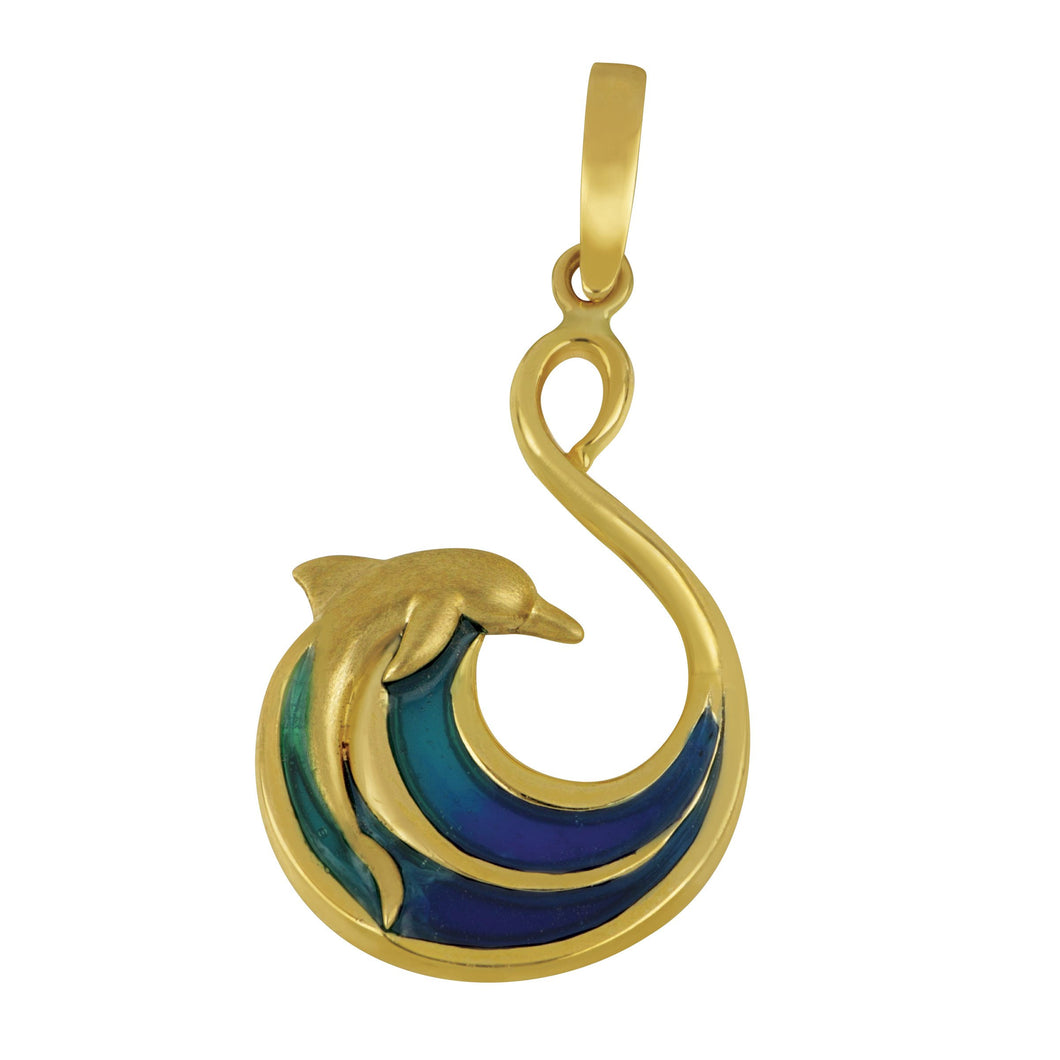 14K Yellow Gold Open Wave with Dolphin Blue Enamel Pendant