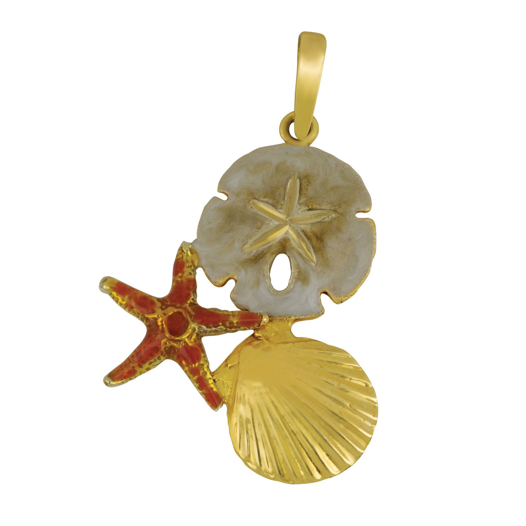14k Yellow Gold Large Multi Shell with White and Orange Enamel Pendant
