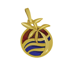 14K Yellow Gold Wave With Palm Tree Enamel Pendant