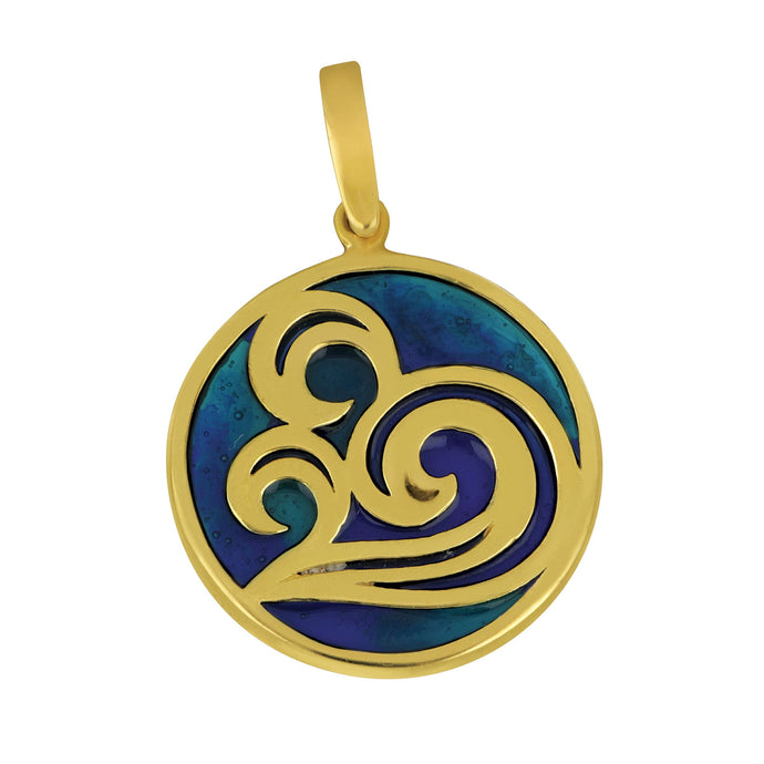 14 Karat Yellow Gold Round Swirl Wave with Blue Enamel Pendant