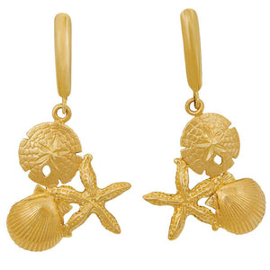 14k Yellow Gold Starfish, Sanddollar and Pectin Euro Wire Earrings