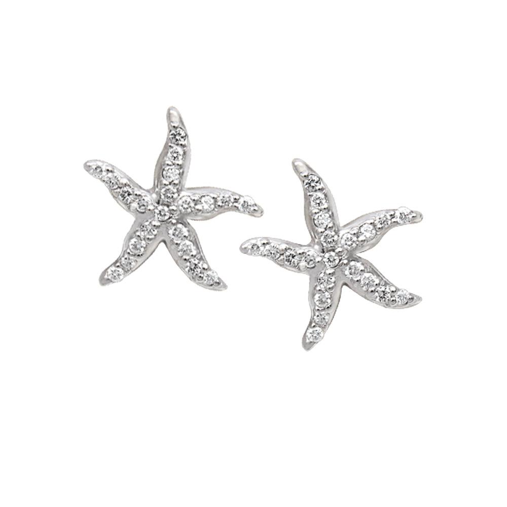 14k White Gold "Sea Jewels" Pavé Diamond Starfish Earrings, D=.42tw