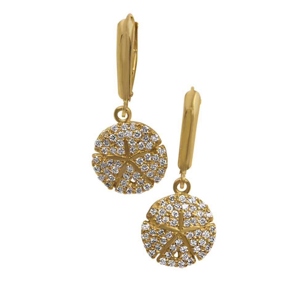 14k Yellow Gold "Sea Jewels" Pavé Diamond Sanddollar Euro Wire Earrings, D=.76tw