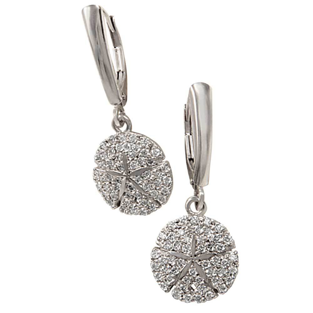 14k White Gold "Sea Jewels" Pavé Diamond Sanddollar Euro Wire Earrings, D=.76tw