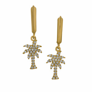 14 Karat Yellow Gold "Sea Jewels" Diamond Pave Palm Tree Euro Wire Earrings, Dias=.32tw