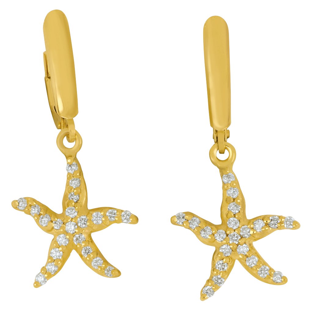 14k Yellow Gold "Sea Jewels" Pavé Diamond Starfish Euro Wire Earrings, D=.42tw
