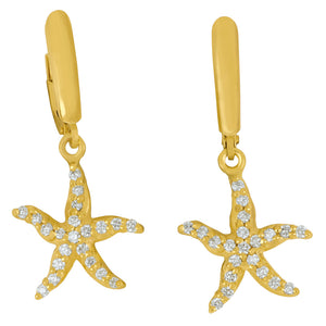 14 karat Yellow Gold "Sea Jewels" Pave Diamond Starfish Euro Wire Earrings, D=.42tw