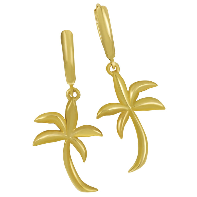 14K Yellow Gold Large Soft Graphic Palm Tree Euro Earrings