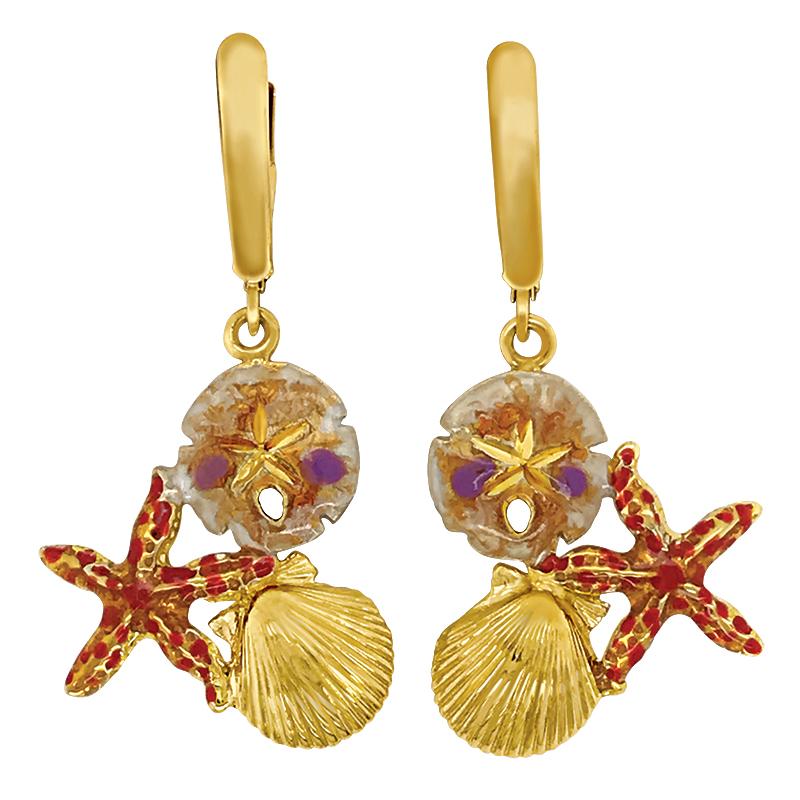 14k Yellow Gold Small Multi Shell Collage Brown Enamel Euro Wire Earrings