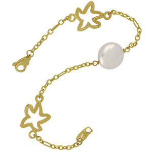 14k Yellow gold Open Starfish and Coin Pearl Bracelet 7"