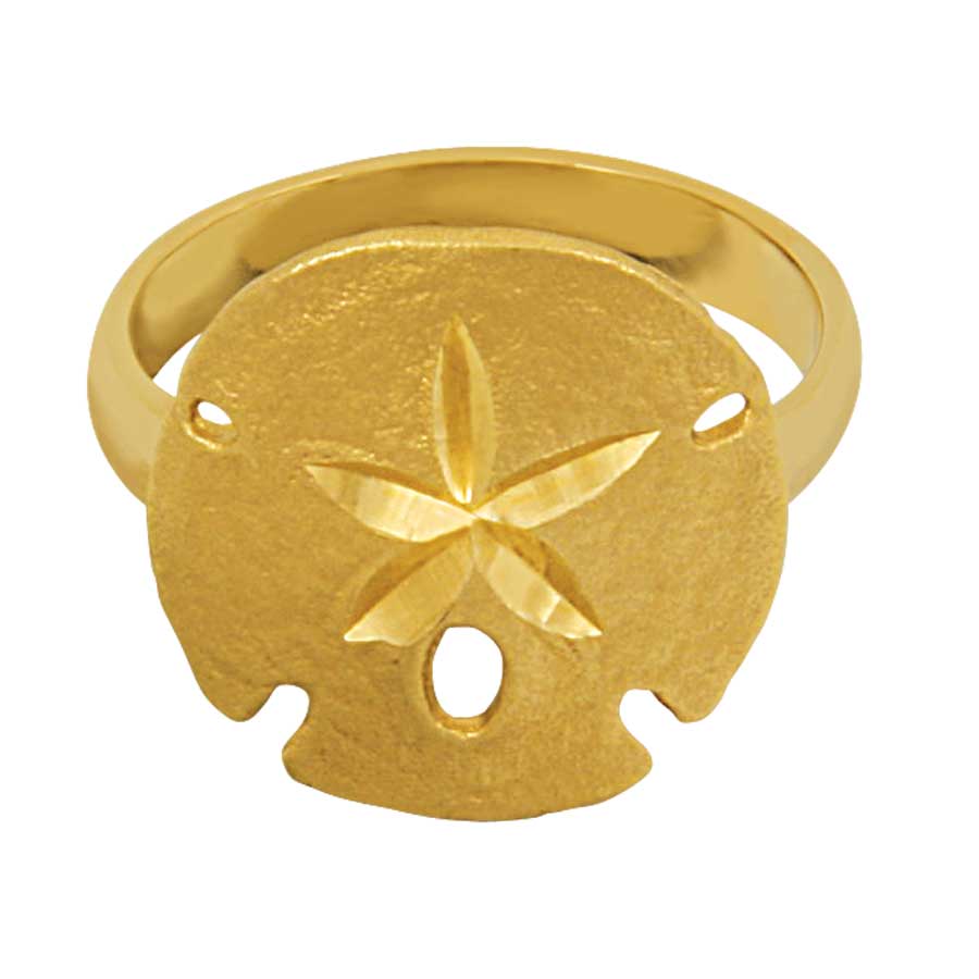 14k Yellow Gold Sanddollar with Hammered Shank Ring, Size 6.5