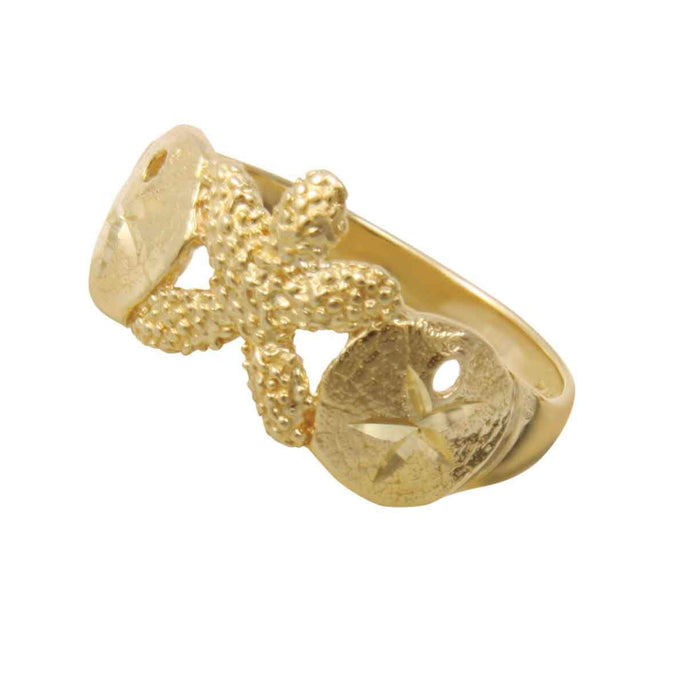 14k Yellow Gold 2 Sanddollar and Starfish Ring