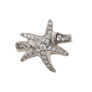 14k White Gold Pavé Starfish with Diamond Band Ring D=.36tw