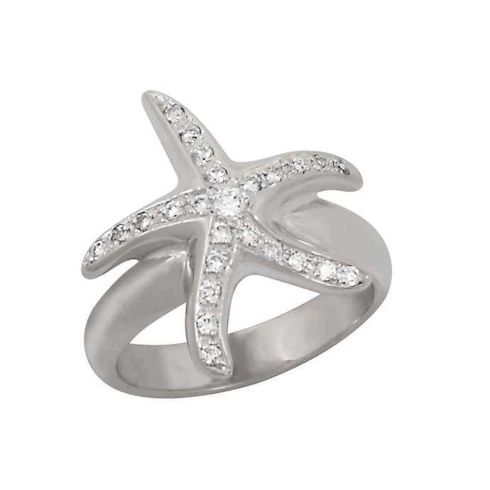 14k White Gold Pavé Starfish with Diamond Ring, D=.26tw