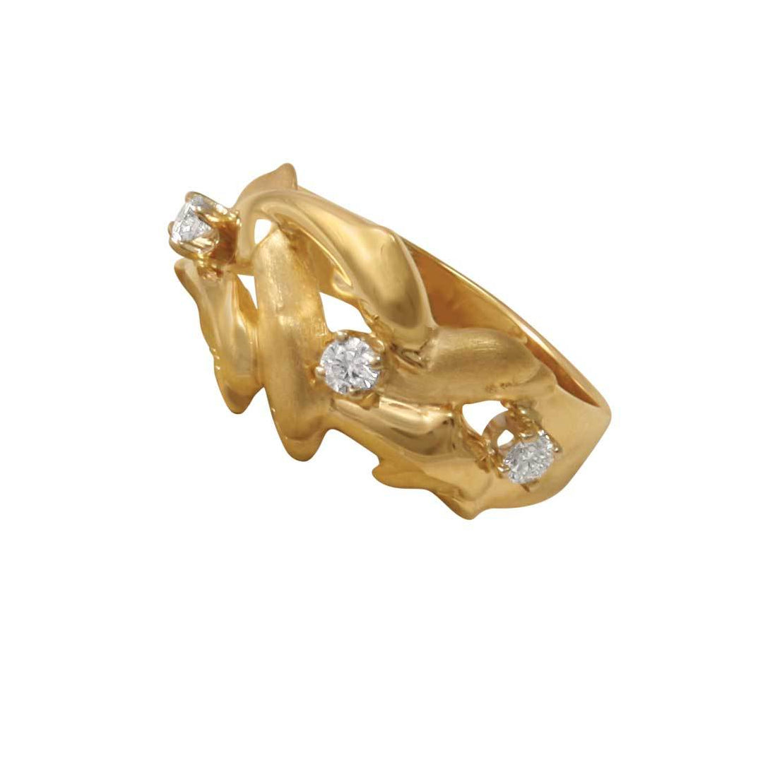 14k Yellow Gold 5 Swimming Dolphins Ring with Diamonds, D=.15tw