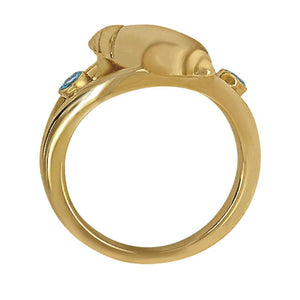 03 March "Birthshell" 14K Yellow Gold Ring:  The Olive Shell with Aquamarines