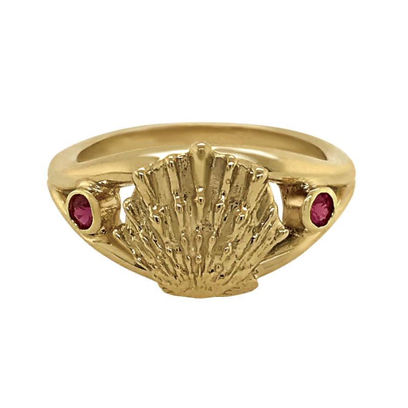 07 July "Birthshell" 14k Yellow Gold Ring: The Lion's Paw with Rubies