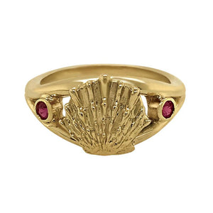 07 July "Birthshell" 14K Yellow Gold Ring: The Lion's Paw with Rubies