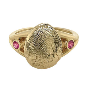 10 October "Birthshell" 14K Yellow Gold Ring: The Baby's Ear with Pink Tourmalines