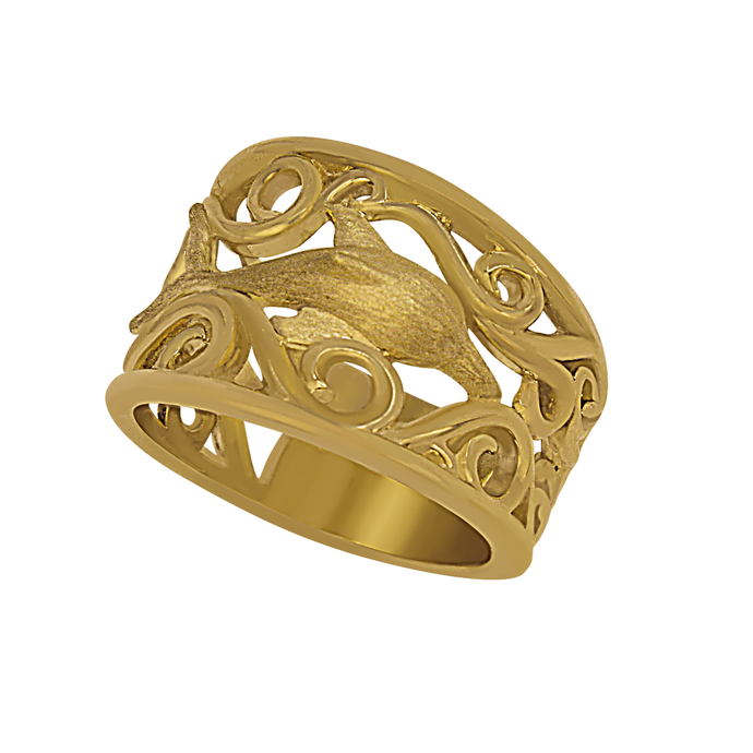 14k Yellow Gold Wide Waves with Dolphin Ring, Size 6