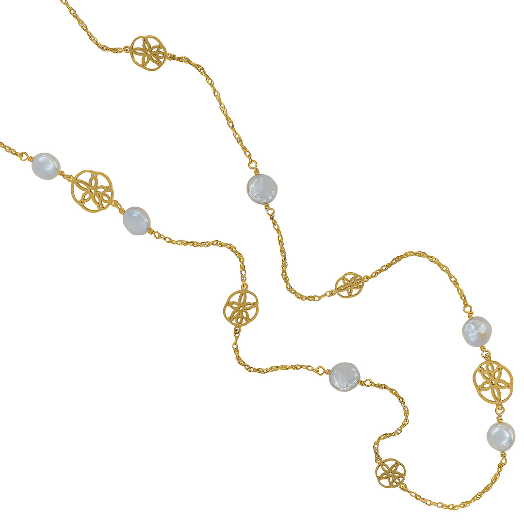 14k Yellow Gold Open Sanddollars & Coin Pearls 32" Necklace