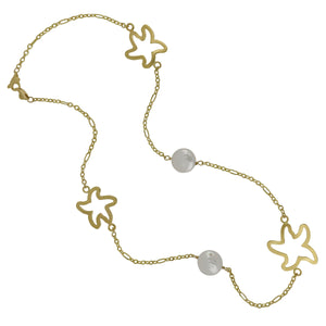 14K Yellow Gold 18" Necklace with 5 Open Starfish and Coin Pearls