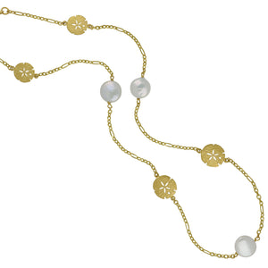 14K Yellow Gold 20" Necklace with 7 Double Sided Sanddollars and Coin Pearl Accents
