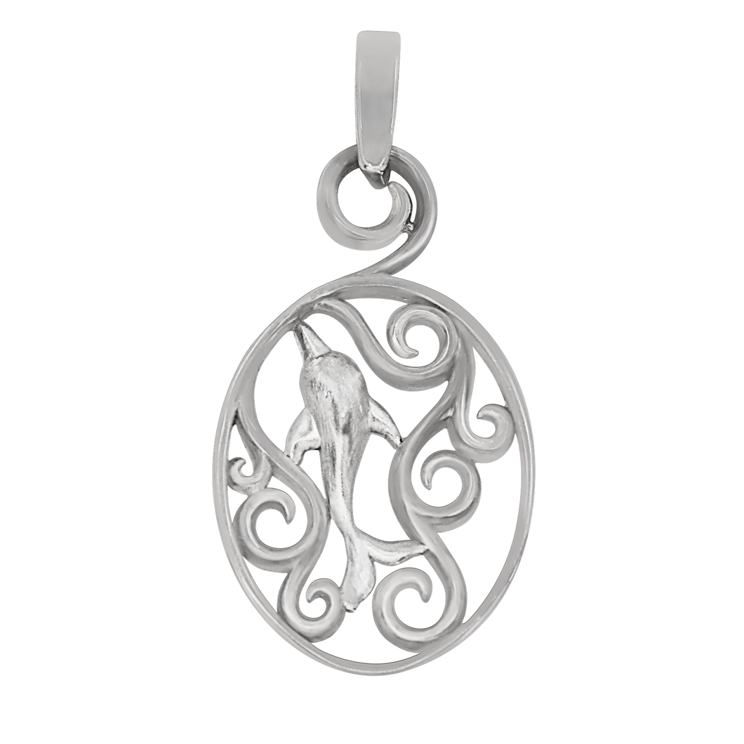 Sterling Silver Oval Waves with Dolphin Pendant