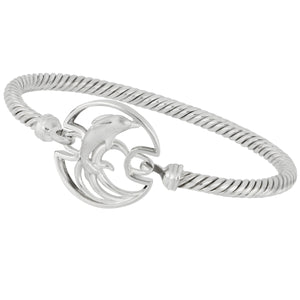 Sterling Silver 6" Dolphin on Wave Cable Bangle