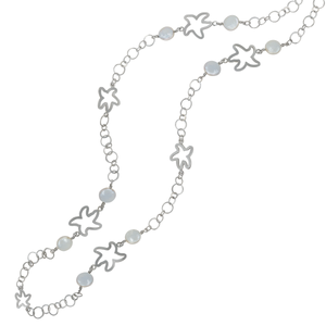 Sterling Silver 40" Circle Link Necklace with 9 Open Starfish and 8 13mm Coin Pearls