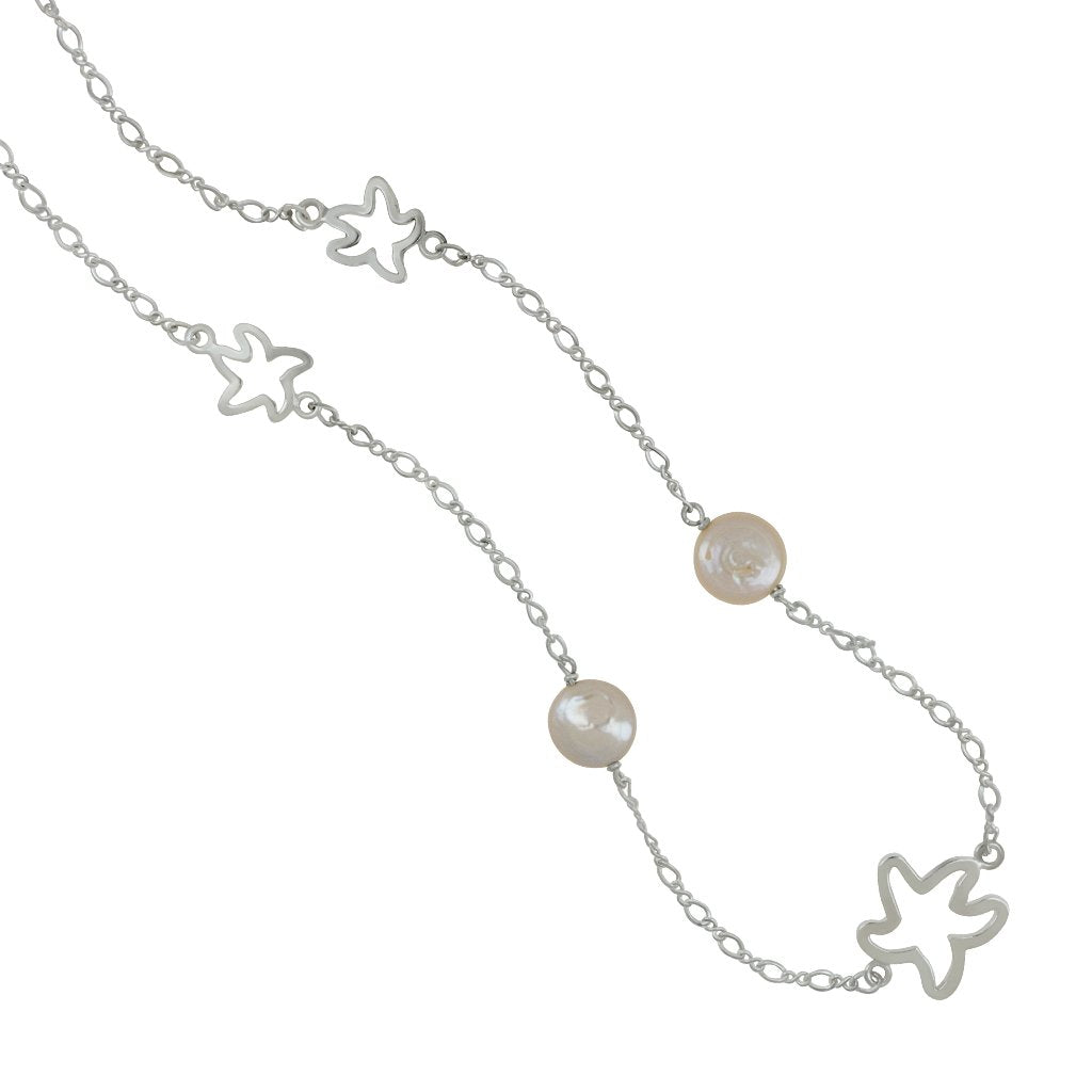 Sterling Silver 7 Station Open Starfish and Coin Pearl Necklace 20"