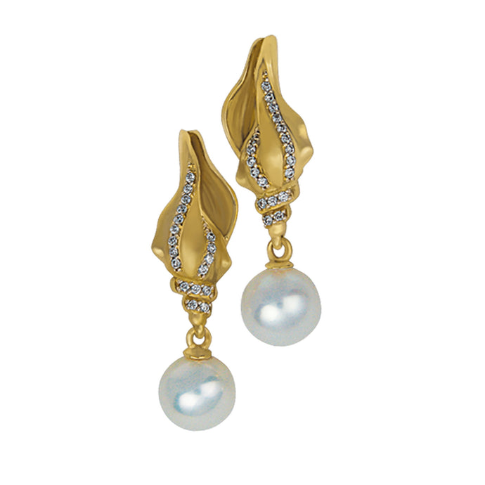 14K Yellow Gold Conch with 7-7.5mm Fresh Water Pearls and Diamonds Earrings, D=.11tw HI/SI